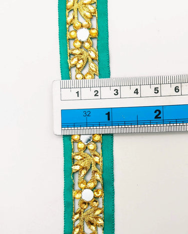 Dark Green Satin Ribbon Floral Cutwork Lace Trim Embellished with Real Mirrors and Kundan Beads, Decorative Trim, Trim By 3 Yards